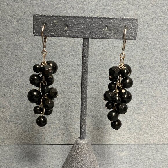 Cluster Dangle Pierced Earrings 2 In Black Faceted Bead Silver Long Latch Hook - Picture 1 of 4